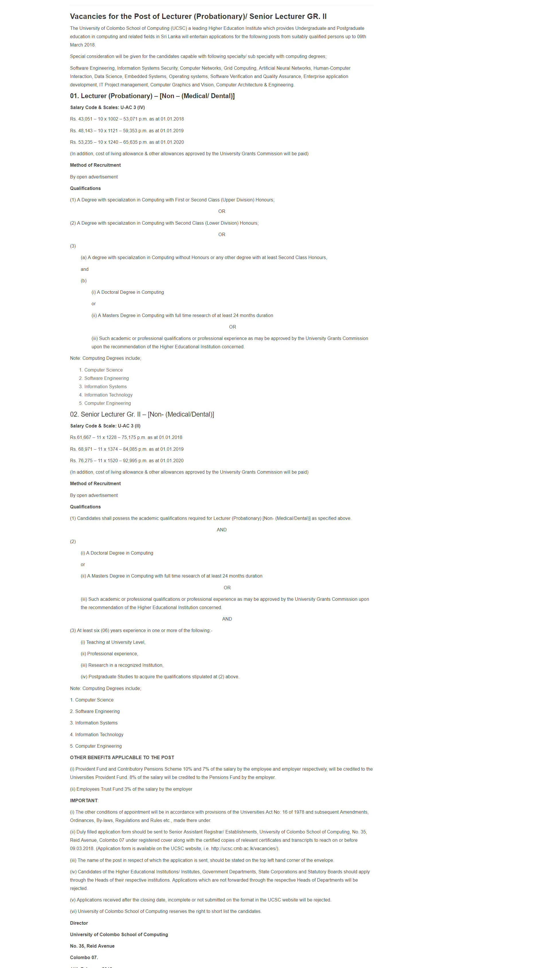 Works Engineer (Civil), Lecturer (Probationary), Senior Lecturer - University of Colombo School of Computing